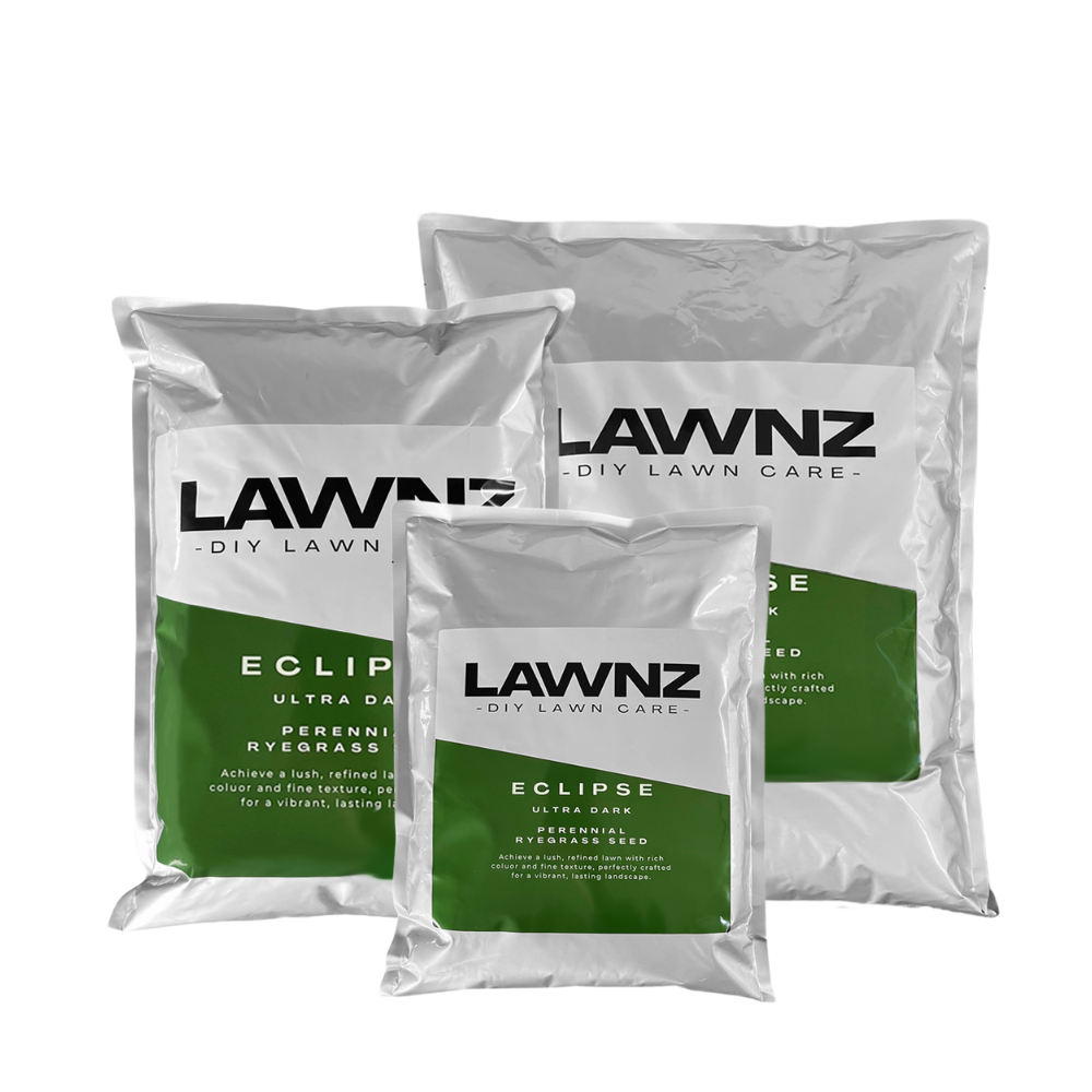 LAWNZ Eclipse Ultra Dark Perennial Ryegrass – premium grass seed for deep green, finely textured NZ lawns.