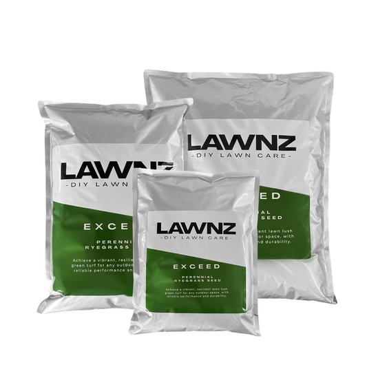 LAWNZ Exceed Perennial Ryegrass Seed product packaging displayed on a lush medium-green lawn, ideal for versatile residential use